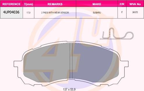 4U 4UP04036 - Тормозные колодки, дисковые, комплект autospares.lv