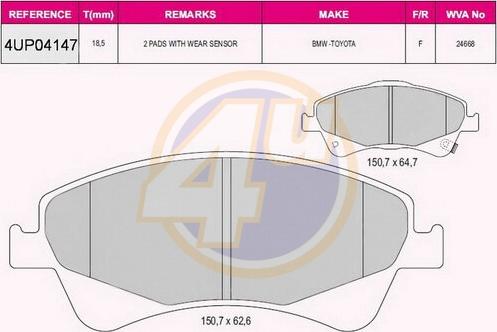 4U 4UP04147 - Тормозные колодки, дисковые, комплект autospares.lv