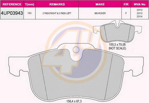 4U 4UP03943 - Тормозные колодки, дисковые, комплект autospares.lv