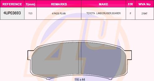 4U 4UP03693 - Тормозные колодки, дисковые, комплект autospares.lv