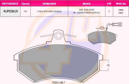 4U 4UP03619 - Тормозные колодки, дисковые, комплект autospares.lv