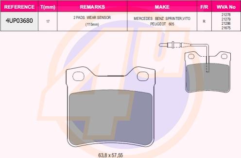 4U 4UP03680 - Тормозные колодки, дисковые, комплект autospares.lv