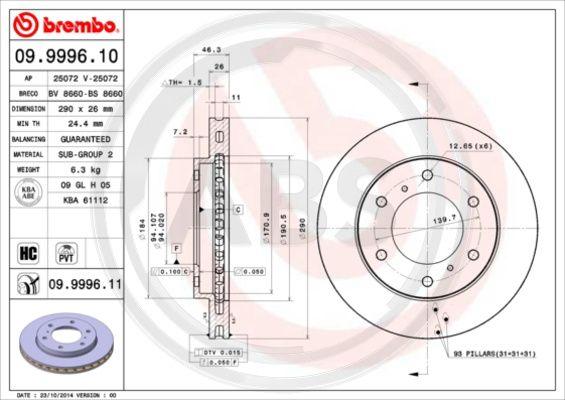 A.B.S. 09.9996.11 - Тормозной диск autospares.lv