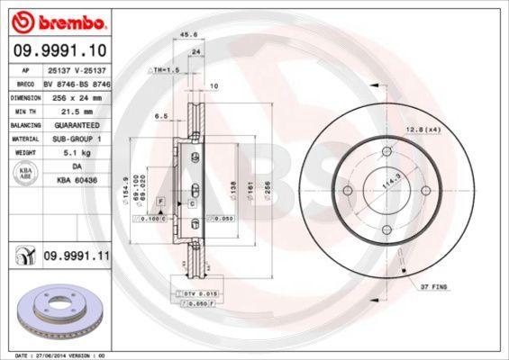 A.B.S. 09.9991.11 - Тормозной диск autospares.lv