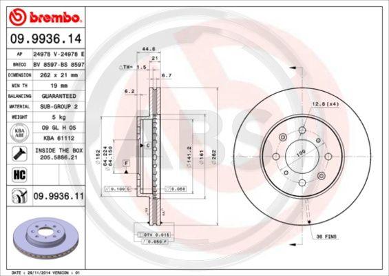 A.B.S. 09.9936.11 - Тормозной диск autospares.lv