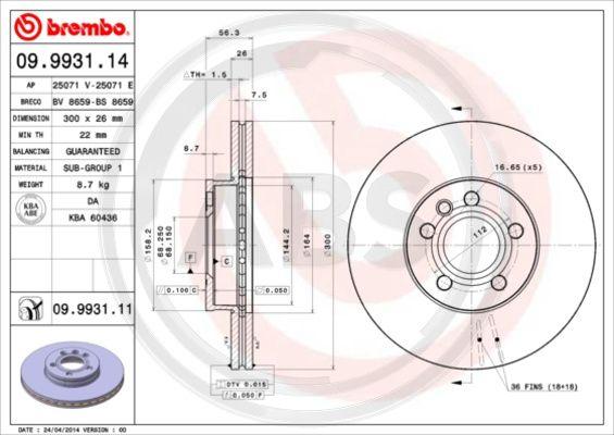 A.B.S. 09.9931.11 - Тормозной диск autospares.lv