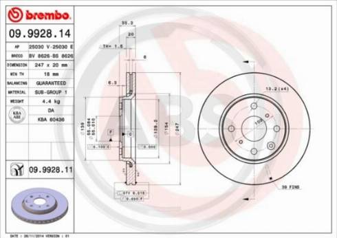 A.B.S. 09.9928.14 - Тормозной диск autospares.lv