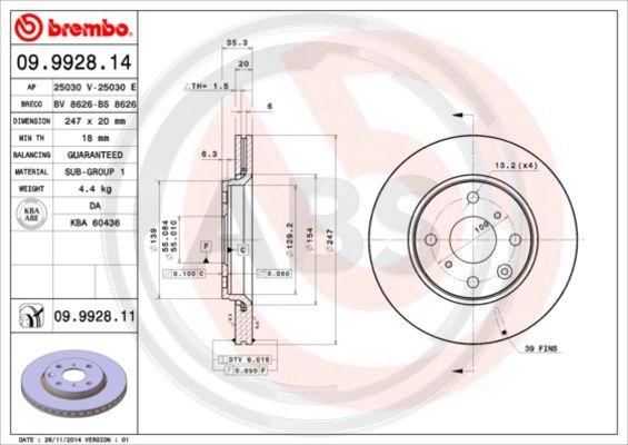 A.B.S. 09.9928.11 - Тормозной диск autospares.lv