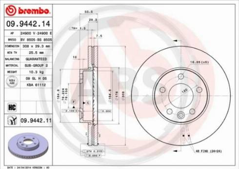 A.B.S. 09.9442.14 - Тормозной диск autospares.lv