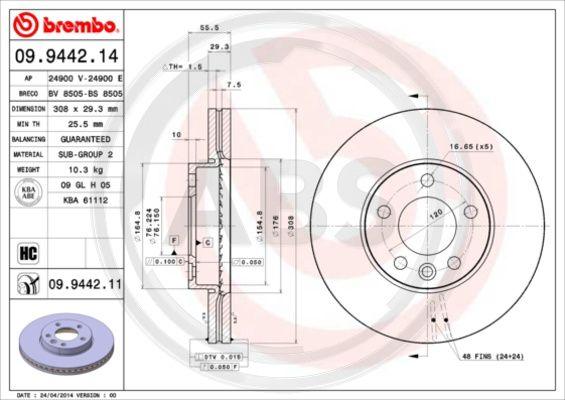 A.B.S. 09.9442.11 - Тормозной диск autospares.lv