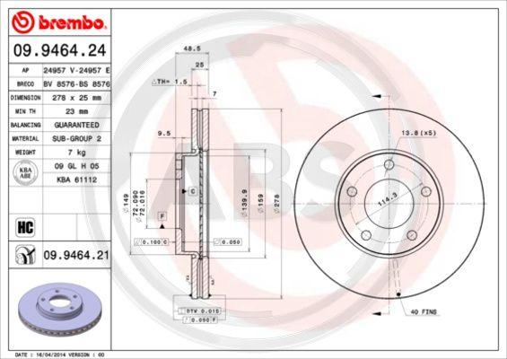 A.B.S. 09.9464.21 - Тормозной диск autospares.lv