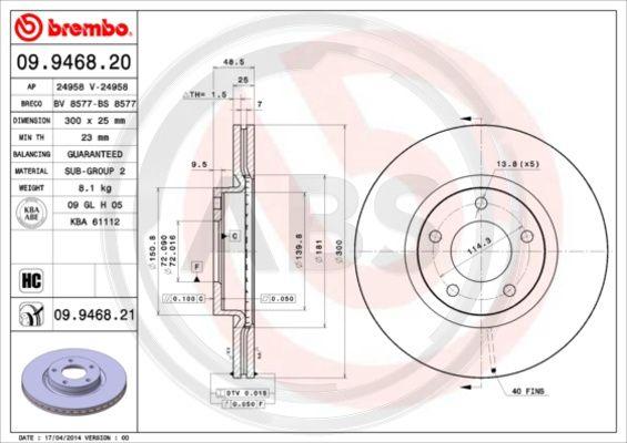 A.B.S. 09.9468.21 - Тормозной диск autospares.lv