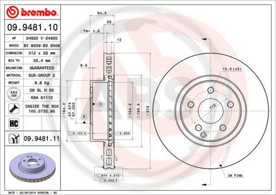 A.B.S. 09.9481.11 - Тормозной диск autospares.lv