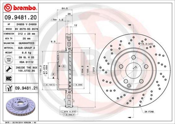 A.B.S. 09.9481.21 - Тормозной диск autospares.lv