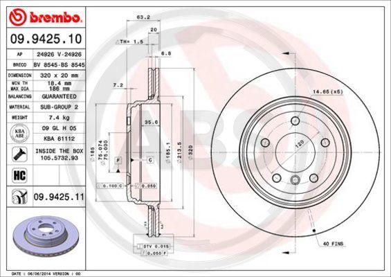 A.B.S. 09.9425.11 - Тормозной диск autospares.lv