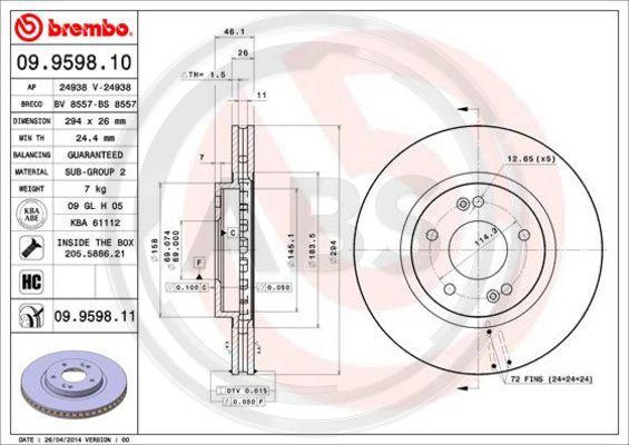 A.B.S. 09.9598.11 - Тормозной диск autospares.lv