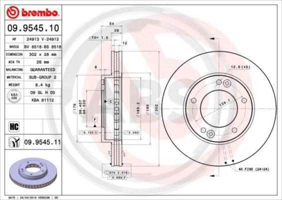 A.B.S. 09.9545.10 - Тормозной диск autospares.lv