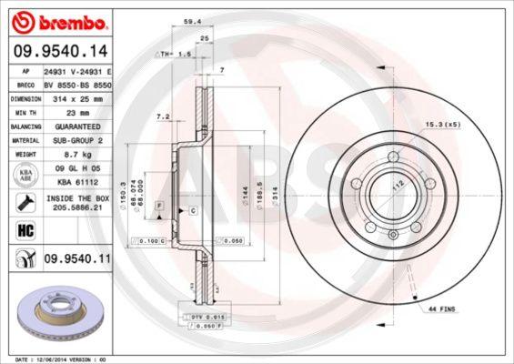 A.B.S. 09.9540.11 - Тормозной диск autospares.lv