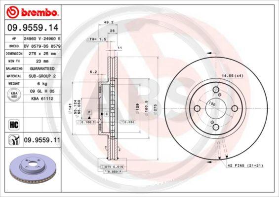 A.B.S. 09.9559.11 - Тормозной диск autospares.lv