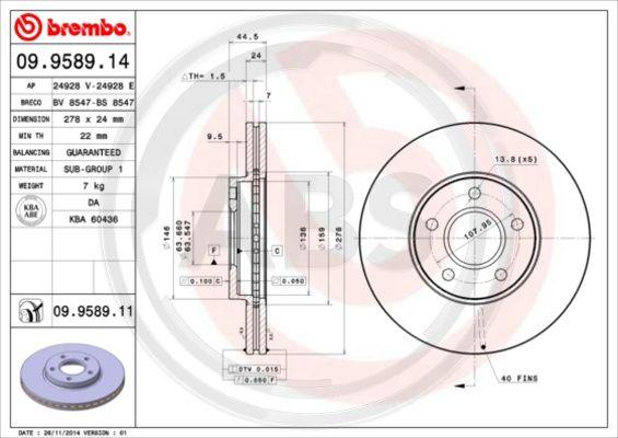 A.B.S. 09.9589.11 - Тормозной диск autospares.lv