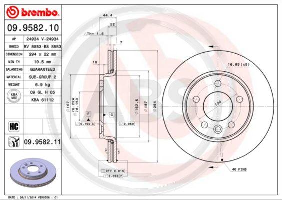 A.B.S. 09.9582.11 - Тормозной диск autospares.lv