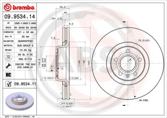 A.B.S. 09.9534.11 - Тормозной диск autospares.lv