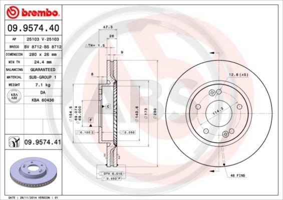 A.B.S. 09.9574.41 - Тормозной диск autospares.lv