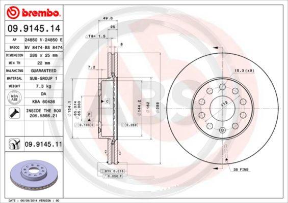 A.B.S. 09.9145.11 - Тормозной диск autospares.lv