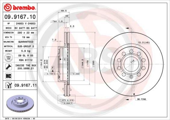 A.B.S. 09.9167.11 - Тормозной диск autospares.lv