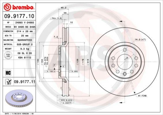 A.B.S. 09.9177.11 - Тормозной диск autospares.lv