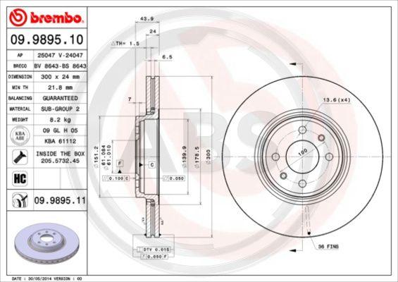 A.B.S. 09.9895.11 - Тормозной диск autospares.lv