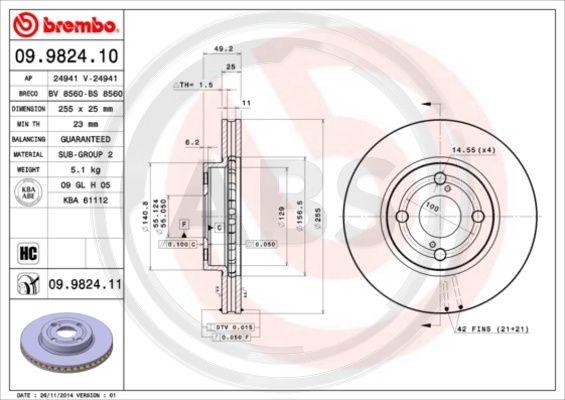 A.B.S. 09.9824.11 - Тормозной диск autospares.lv