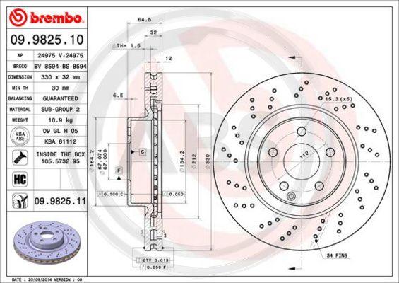 A.B.S. 09.9825.11 - Тормозной диск autospares.lv