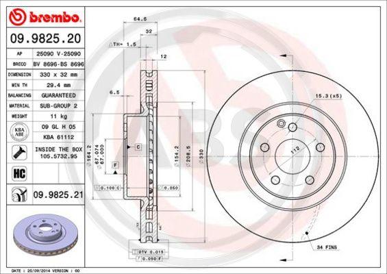 A.B.S. 09.9825.21 - Тормозной диск autospares.lv