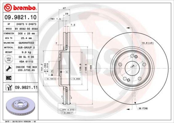 A.B.S. 09.9821.11 - Тормозной диск autospares.lv