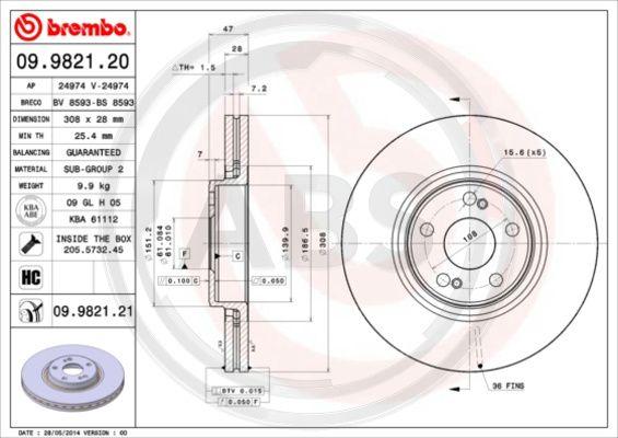 A.B.S. 09.9821.21 - Тормозной диск autospares.lv