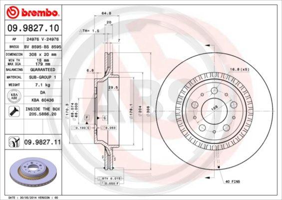 A.B.S. 09.9827.11 - Тормозной диск autospares.lv