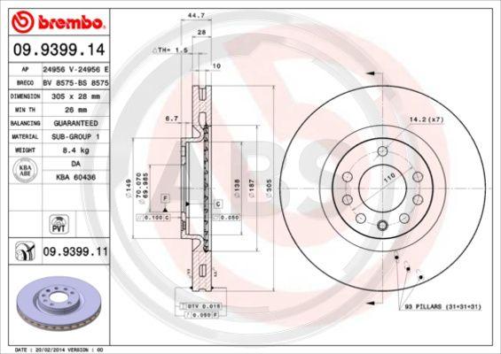 A.B.S. 09.9399.11 - Тормозной диск autospares.lv