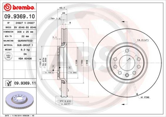 A.B.S. 09.9369.11 - Тормозной диск autospares.lv