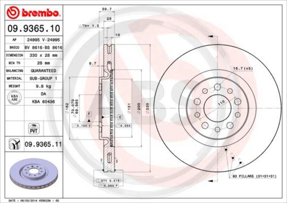 A.B.S. 09.9365.10 - Тормозной диск autospares.lv