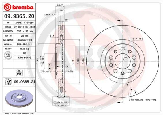 A.B.S. 09.9365.21 - Тормозной диск autospares.lv