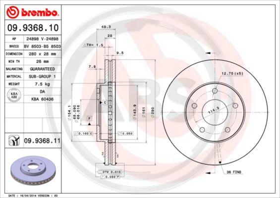 A.B.S. 09.9368.11 - Тормозной диск autospares.lv