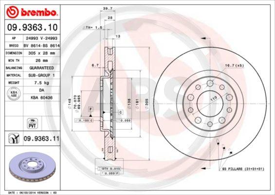 A.B.S. 09.9363.11 - Тормозной диск autospares.lv