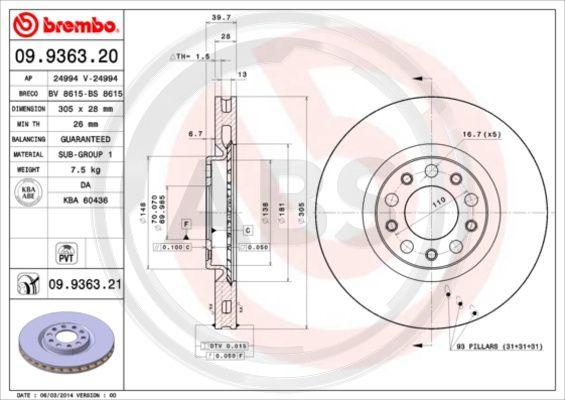 A.B.S. 09.9363.21 - Тормозной диск autospares.lv