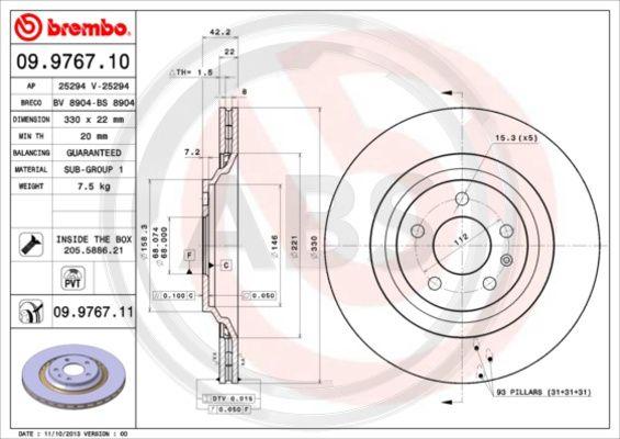 A.B.S. 09.9767.11 - Тормозной диск autospares.lv