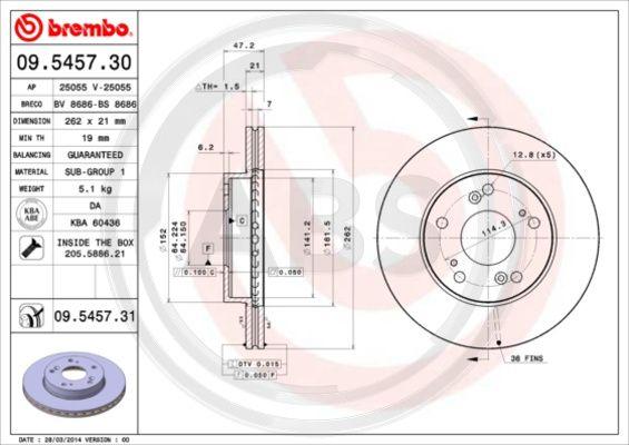 A.B.S. 09.5457.31 - Тормозной диск autospares.lv