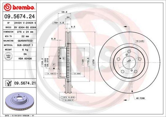 A.B.S. 09.5674.21 - Тормозной диск autospares.lv