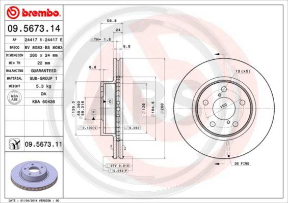 A.B.S. 09.5673.11 - Тормозной диск autospares.lv