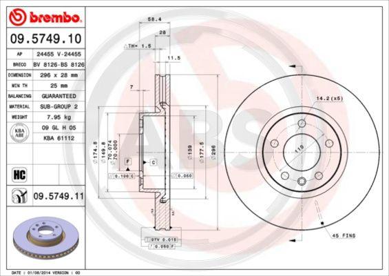 A.B.S. 09.5749.11 - Тормозной диск autospares.lv