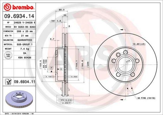 A.B.S. 09.6934.11 - Тормозной диск autospares.lv